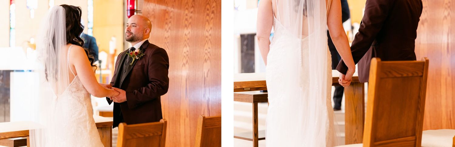 Wedding ceremony moments captured at church altar with warm lighting.