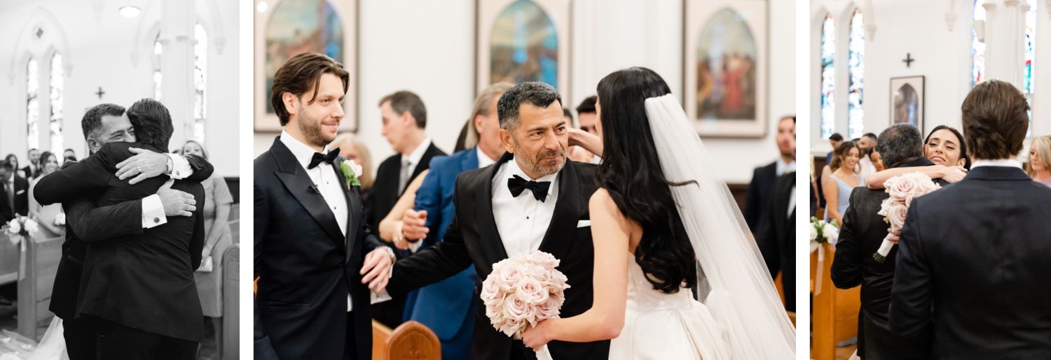 A collection of candid wedding ceremony moments captured in a traditional church setting.