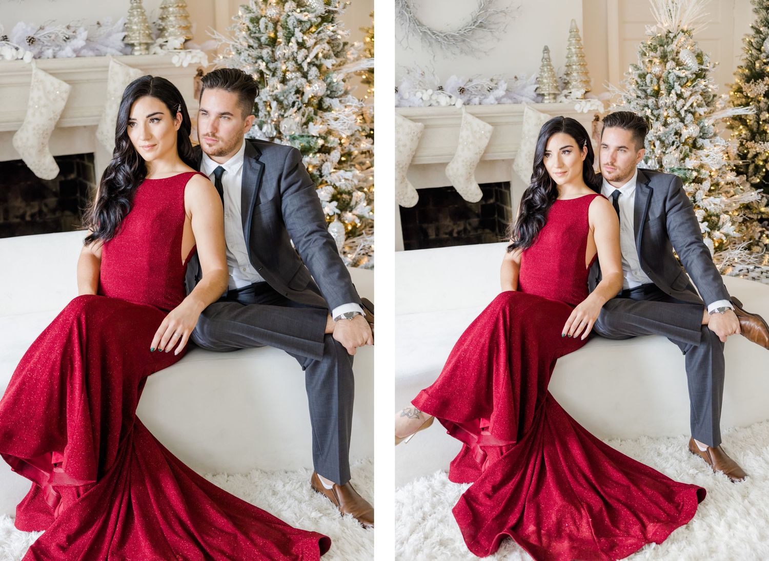 Side-by-side elegant holiday photos featuring a red mermaid gown against Christmas decorations.