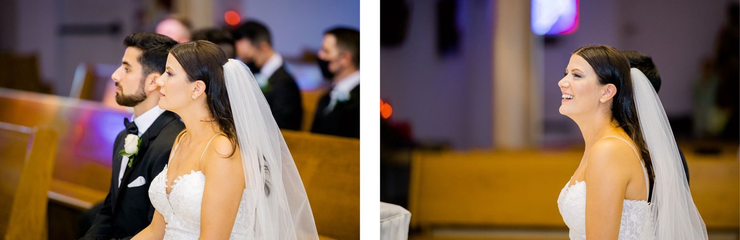 Wedding couple stands attentively during ceremony in decorated church.