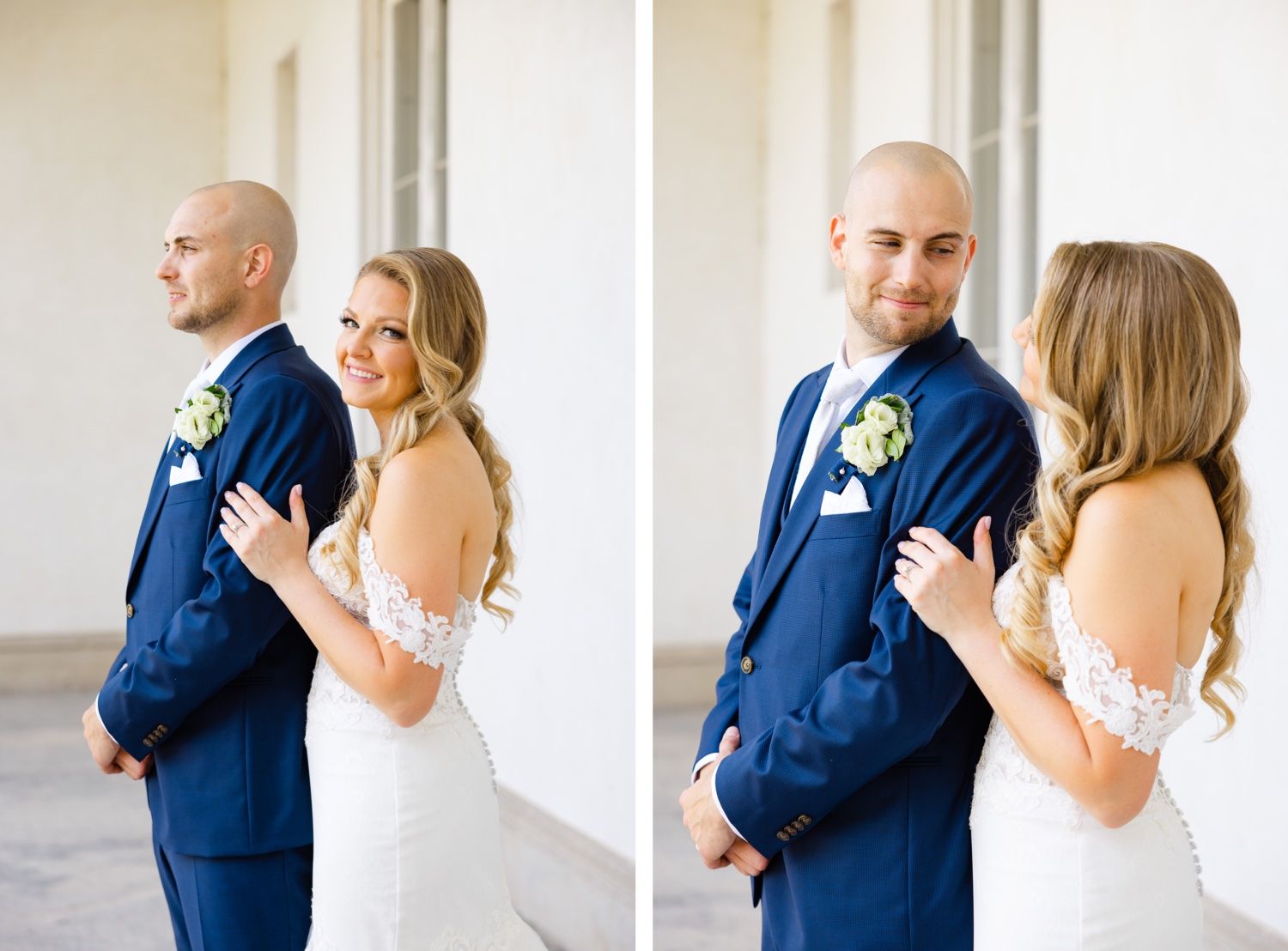 Two wedding poses showing intimate moments between newlyweds against a white wall.