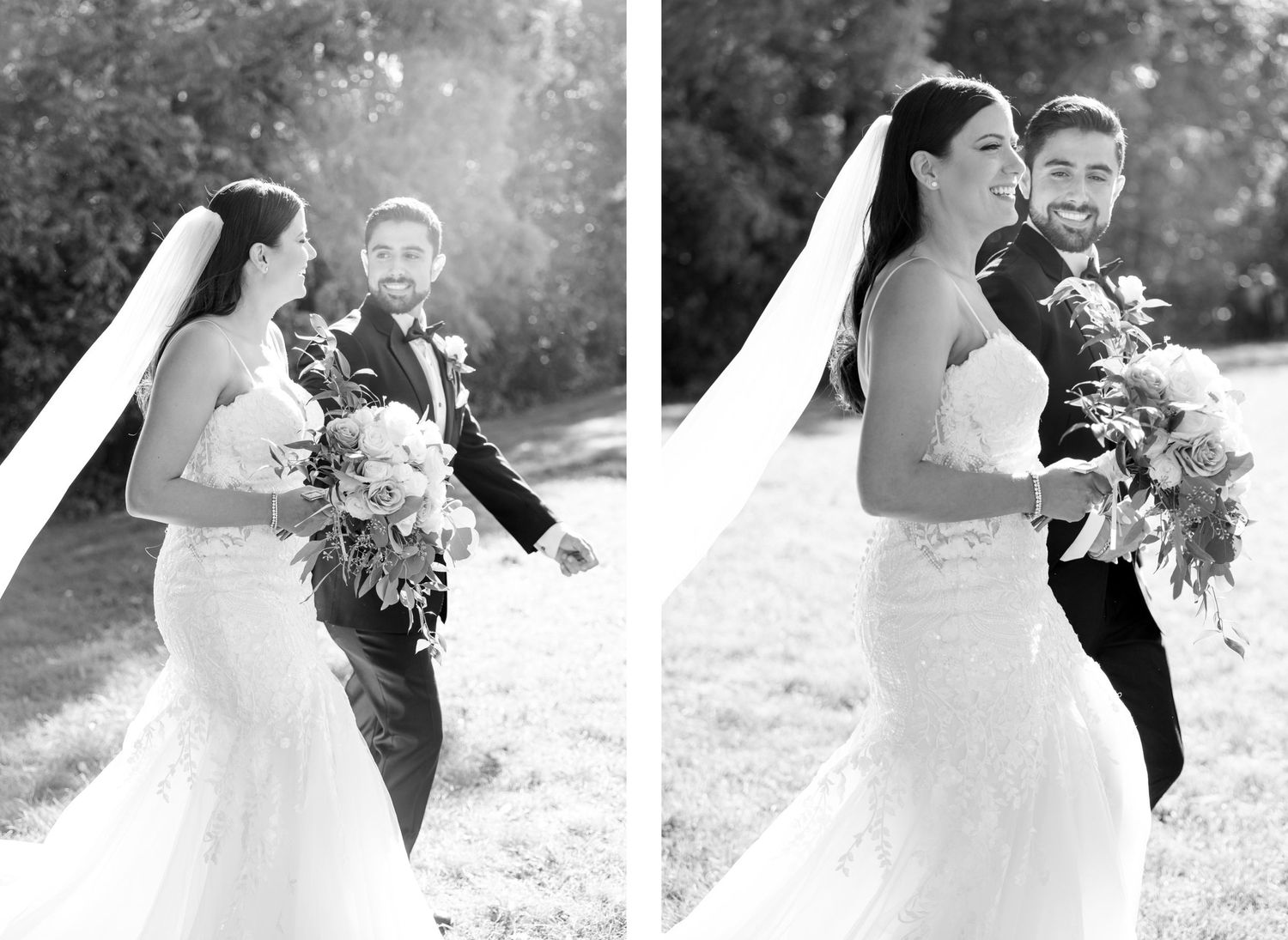 Black and white wedding portraits showing a couple in elegant attire walking together outdoors.