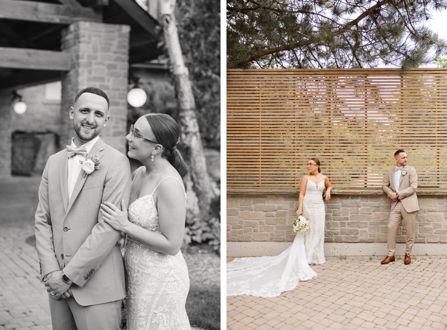 Side-by-side wedding photos showing a couple against both stone wall and wooden slat backgrounds.