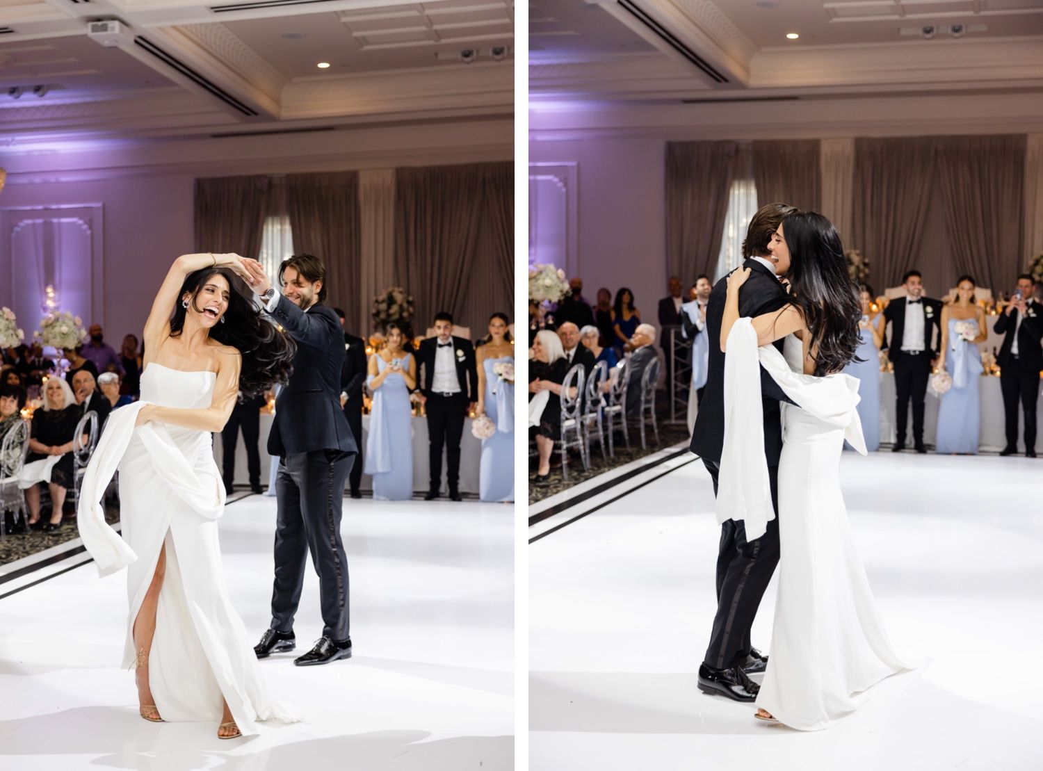 Romantic dance moves showcase elegant white wedding gown against purple-lit ballroom backdrop.