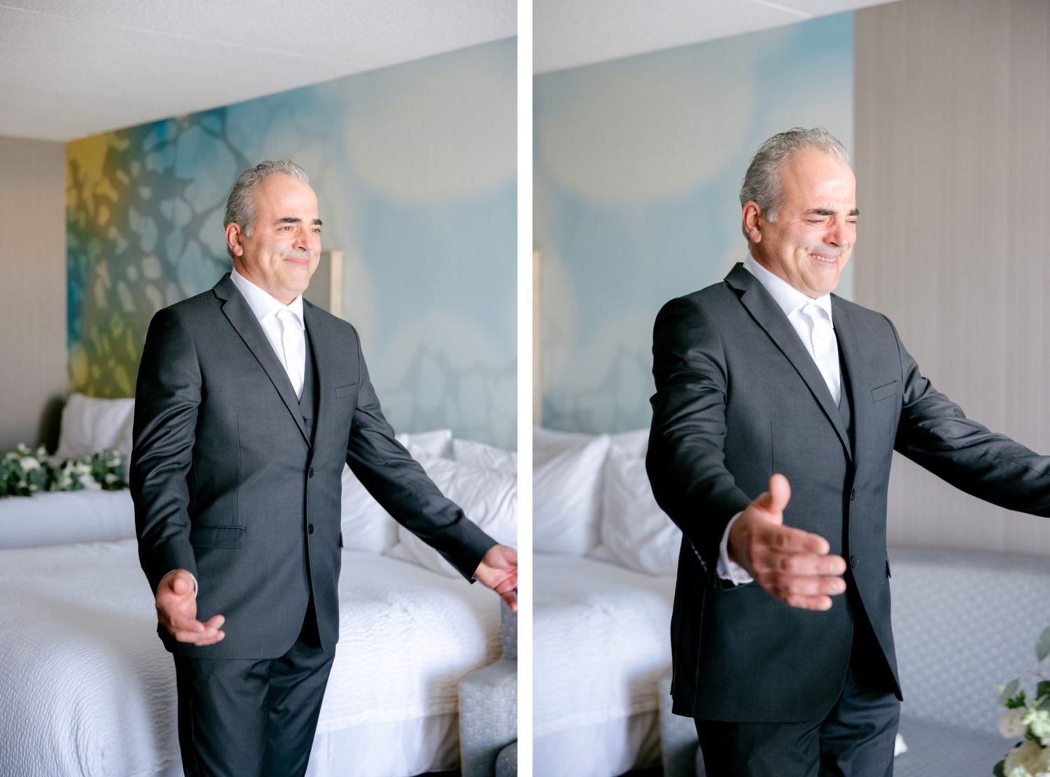Candid shots of a gentleman in a dark suit showing joyful expressions.