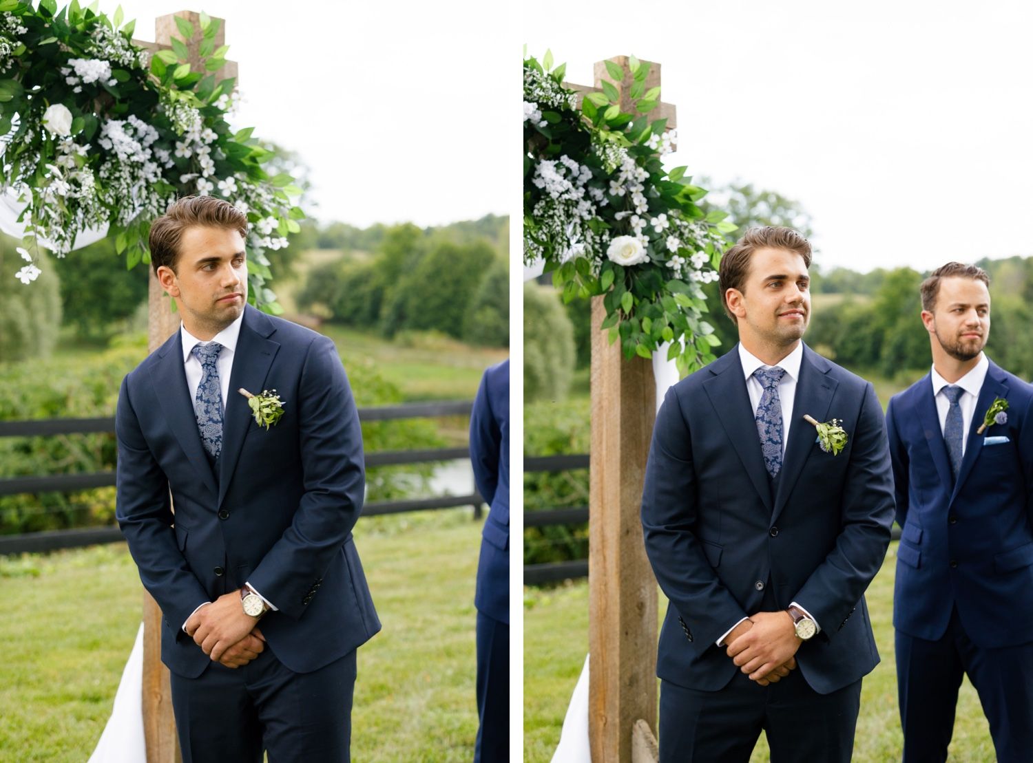 Formal wedding party members await at altar under elegant floral arrangements.