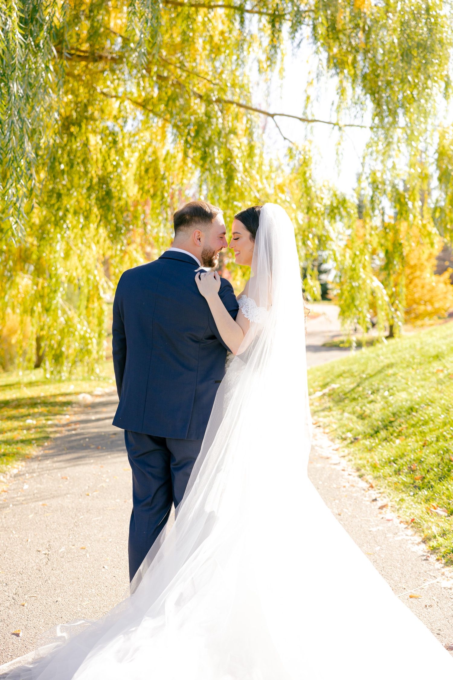Romantic moment between newlyweds under golden willow trees on garden path.