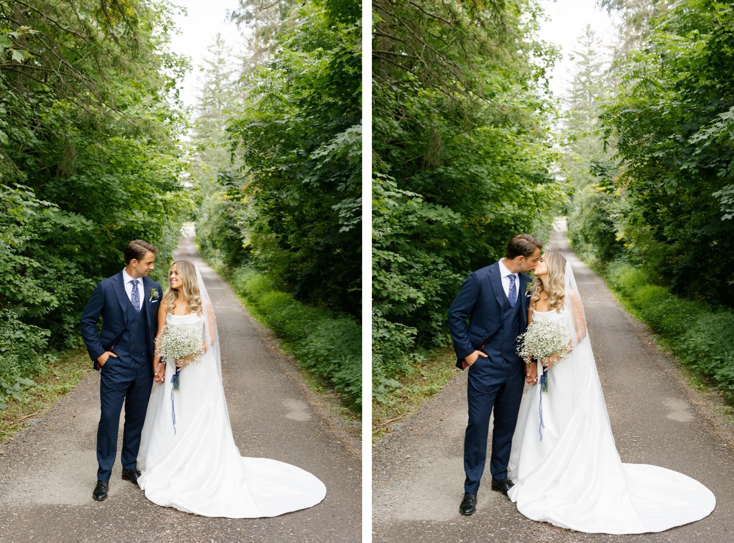 Side by side wedding portraits of couple walking down tree-lined path.