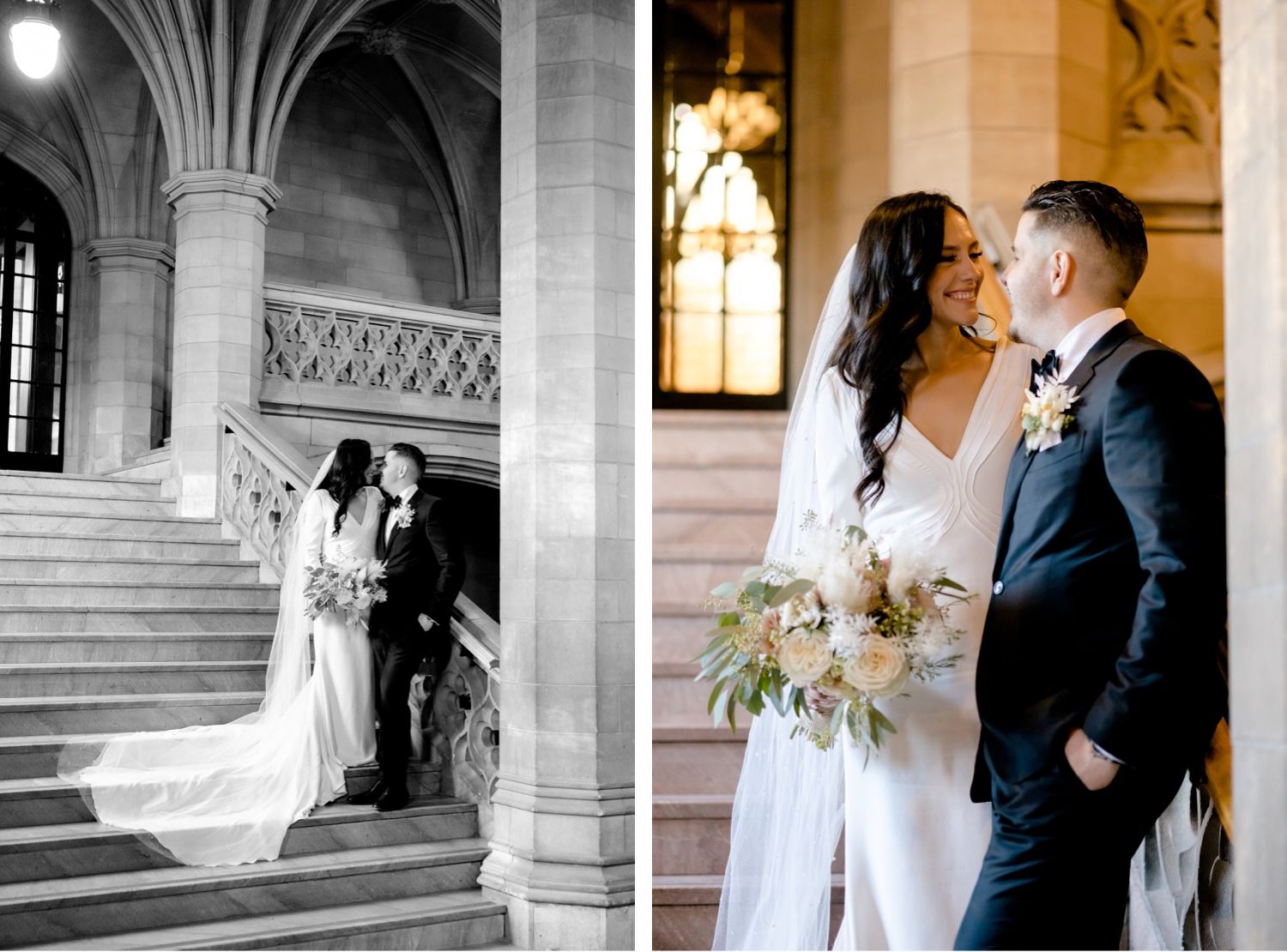 A wedding couple embraces on a grand marble staircase in a Gothic cathedral setting.