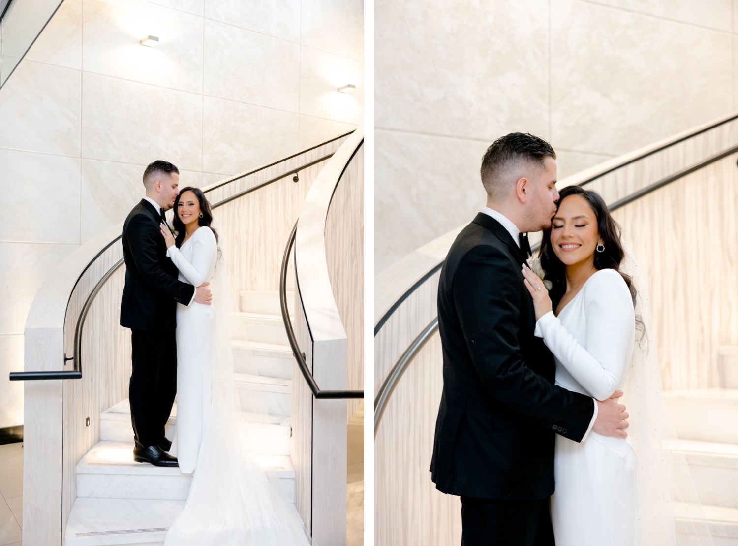 Wedding couple photographed in romantic poses on elegant white staircase with curved black railing.