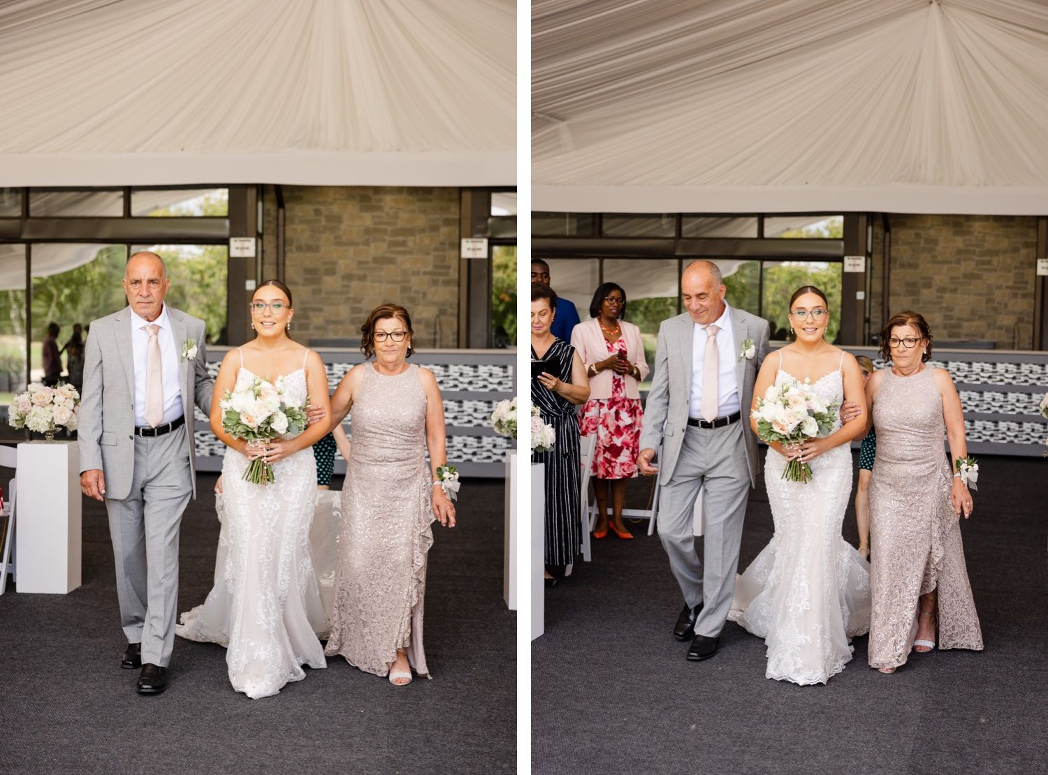 Side-by-side wedding processional photos showing moments before and during the ceremony entrance.