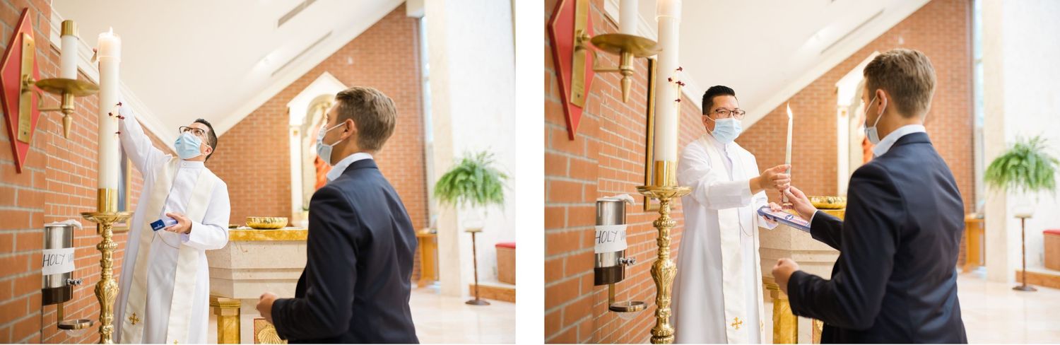 Two side-by-side photos showing priest performing religious ceremony in church.