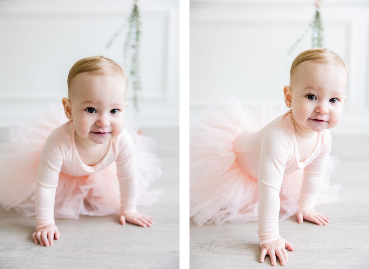 Side by side photos of toddler crawling in pink tulle dress against white backdrop.