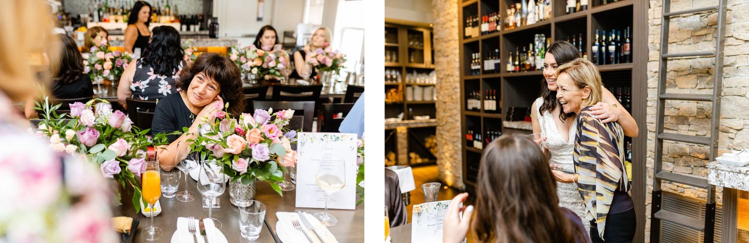A stylish indoor celebration with floral arrangements and guests mingling near a bar area.