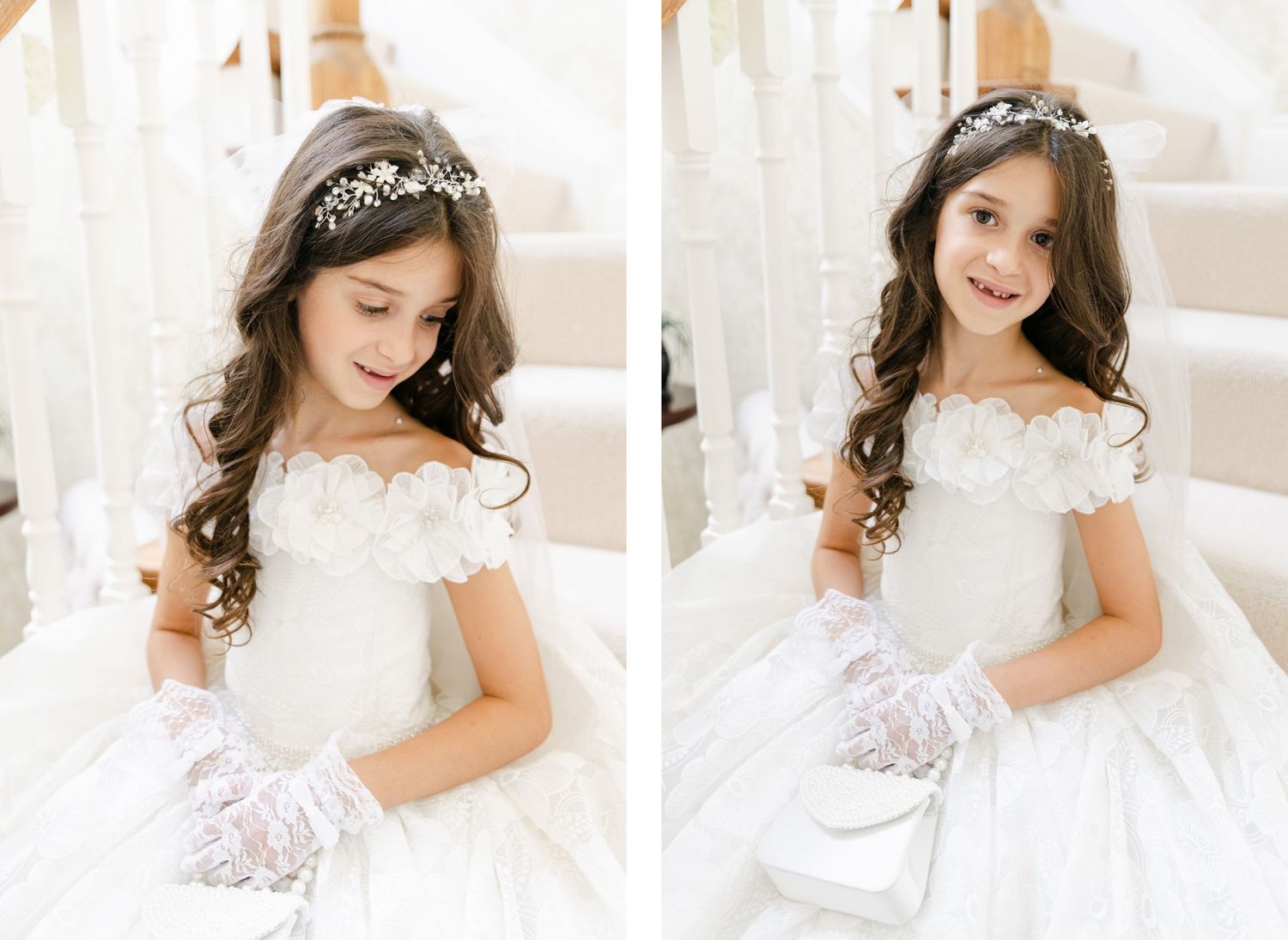 Professional photo collage featuring delicate white baptism gown with lace details.