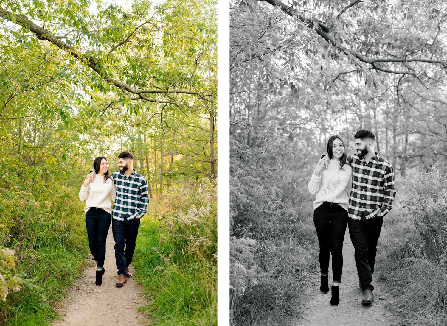 Side-by-side color and black-and-white photos of couple walking on forest path.