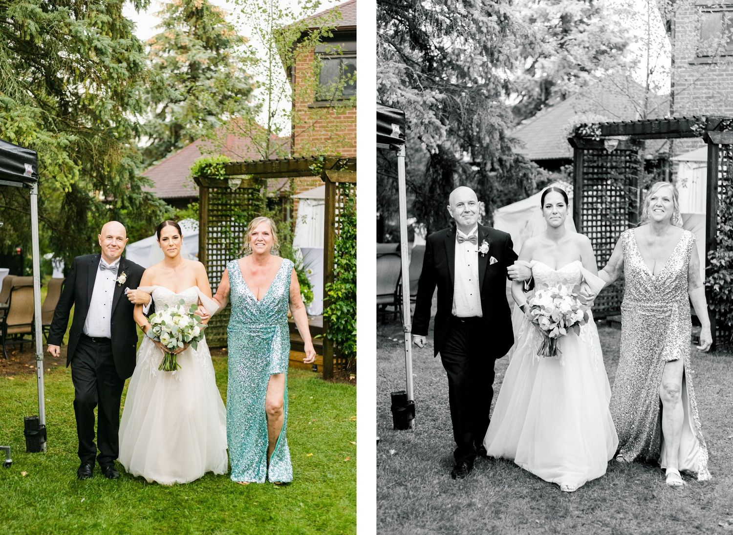 Color and black-and-white wedding party portraits in front of garden mansion.