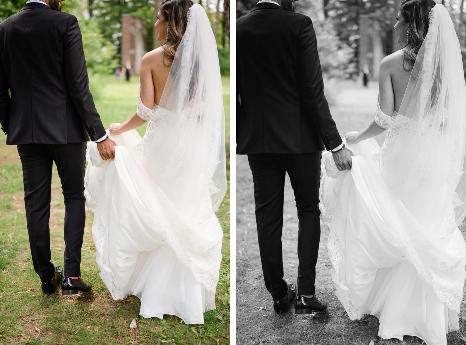 Side-by-side color and black-and-white shots of a couple walking in wedding attire.