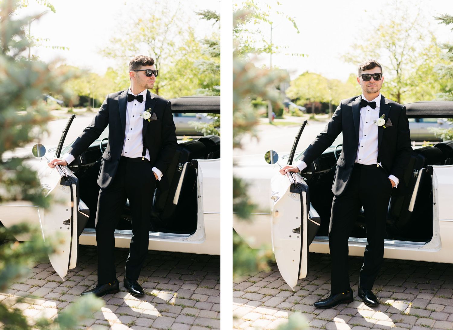 Stylish black tuxedo poses beside classic white car in diptych format.