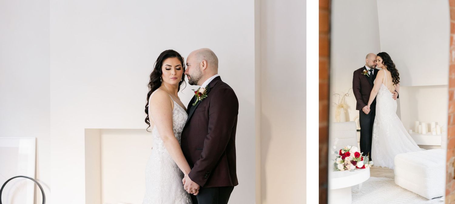 Side-by-side wedding portraits in a modern white interior space.