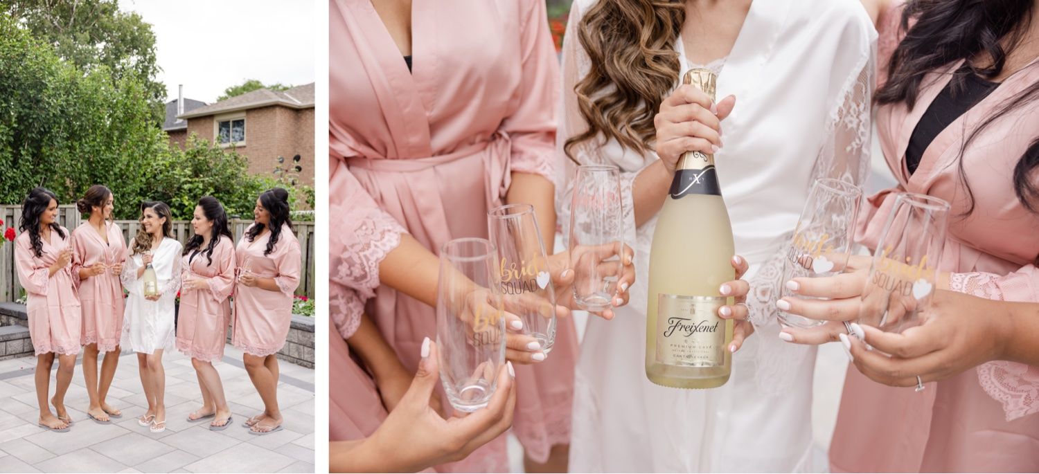 Wedding party in pink robes celebrating with champagne outdoors and indoors.