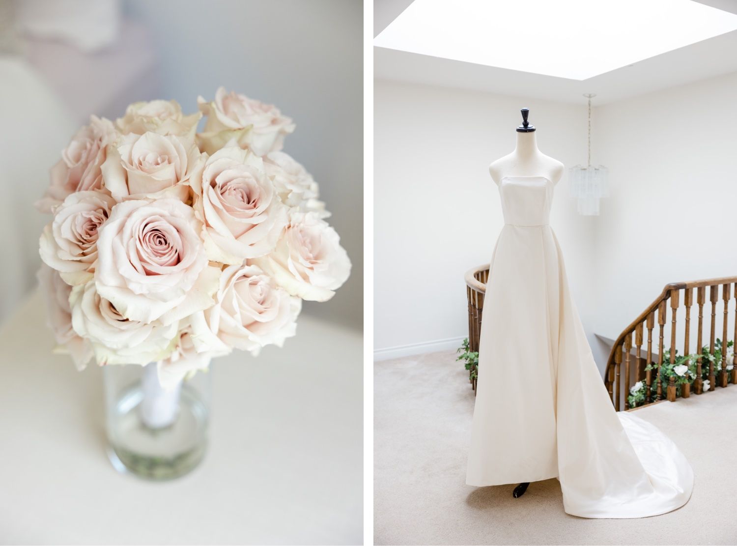 Light pink roses in vase next to elegant white wedding gown on display.