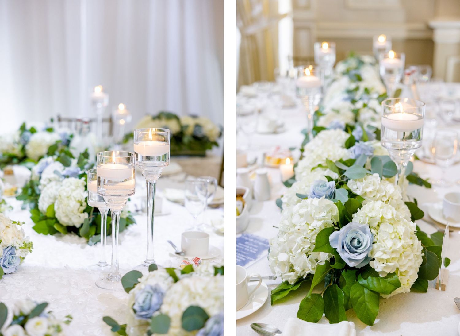 Romantic table settings with blue and white flowers, candles and elegant crystal glassware.