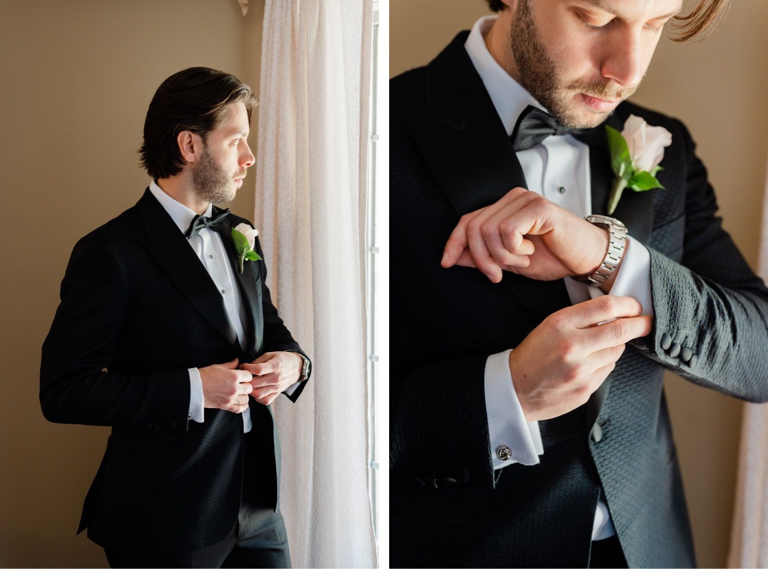 Split image showing details of cuff link adjustments on a formal black tuxedo.