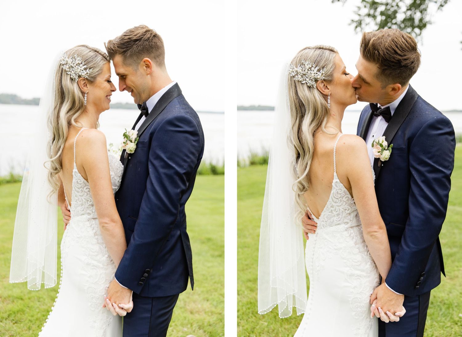 Romantic wedding couple portraits showing tender moments on waterfront lawn.