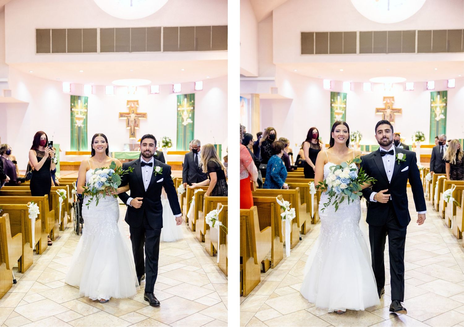 A joyful wedding recessional down the church aisle with guests looking on.