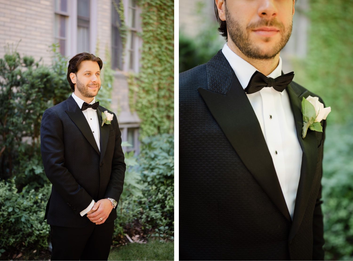 Side-by-side formal portraits of groom in black tuxedo with white boutonniere.