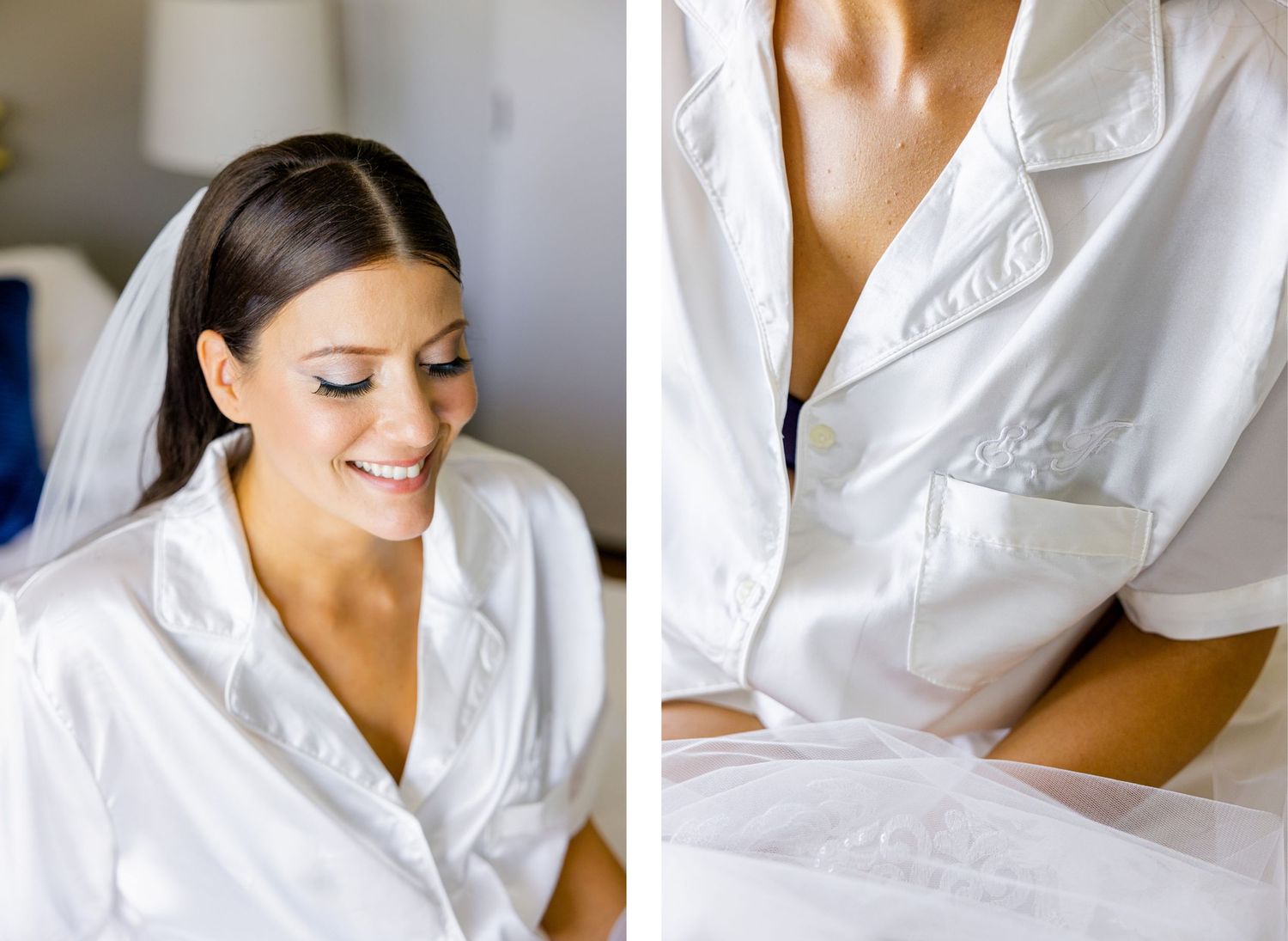 Pre-wedding preparation moments in white robe with delicate details.