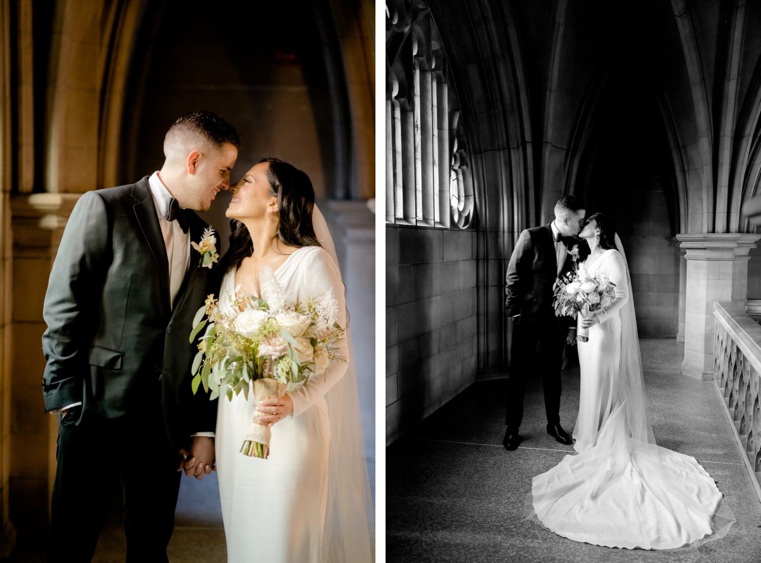 Cathedral wedding photos showing romantic moments in both color and black and white.