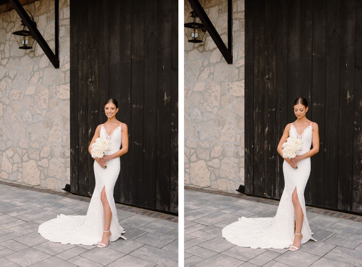 Side-by-side photos showing bride in fitted white dress with dramatic train.