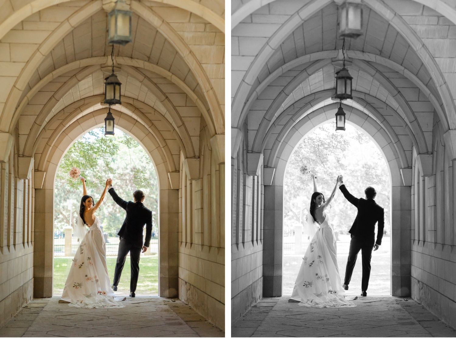 Wedding couple silhouetted in stone archway, shown in color and black and white versions.