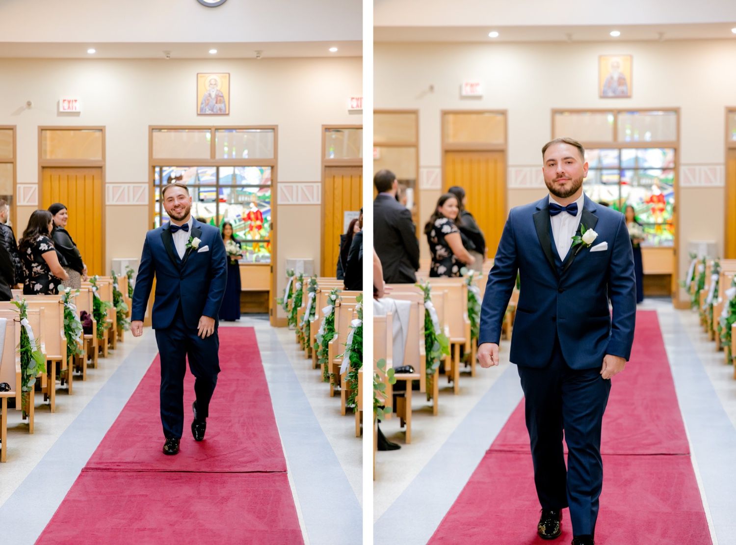 Elegant procession down red-carpeted church aisle in navy formal attire.