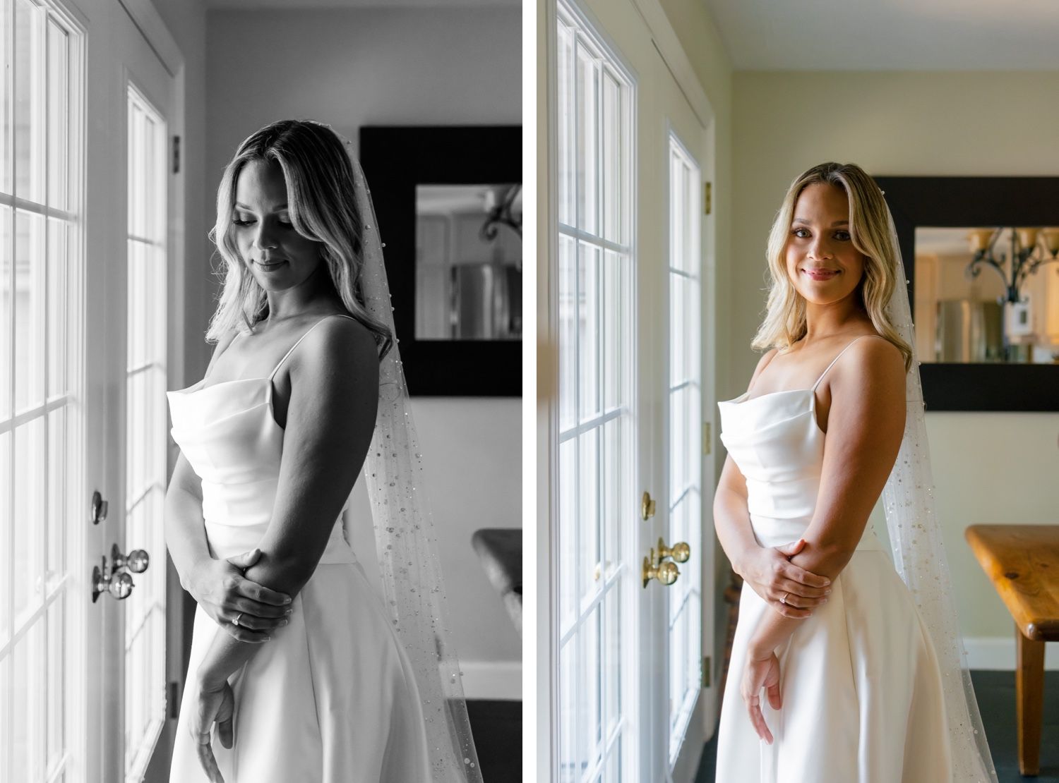 Side by side portrait of a bride in white against natural window light.