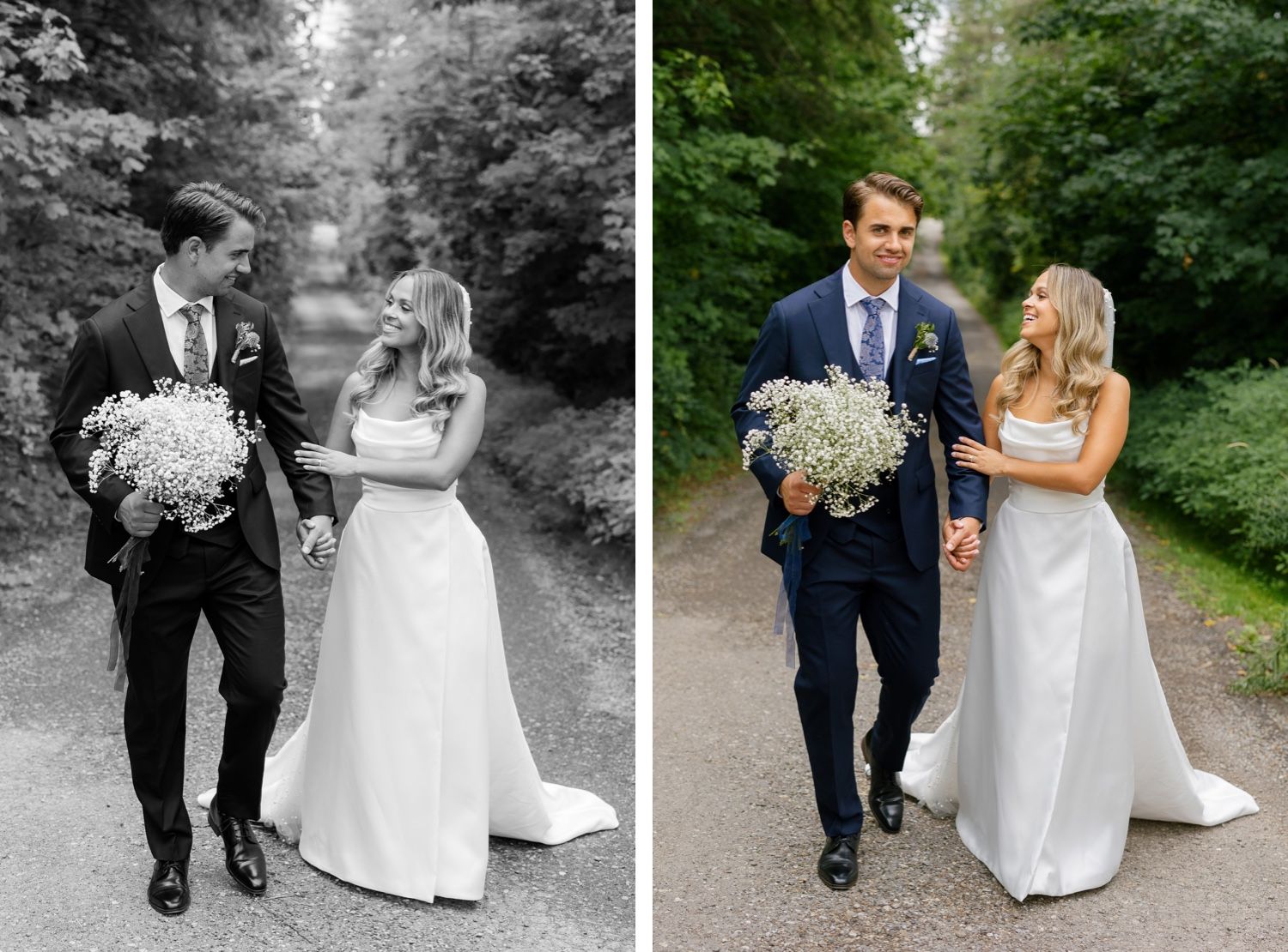 Side-by-side wedding photos show couple walking with bouquet in color and black and white.