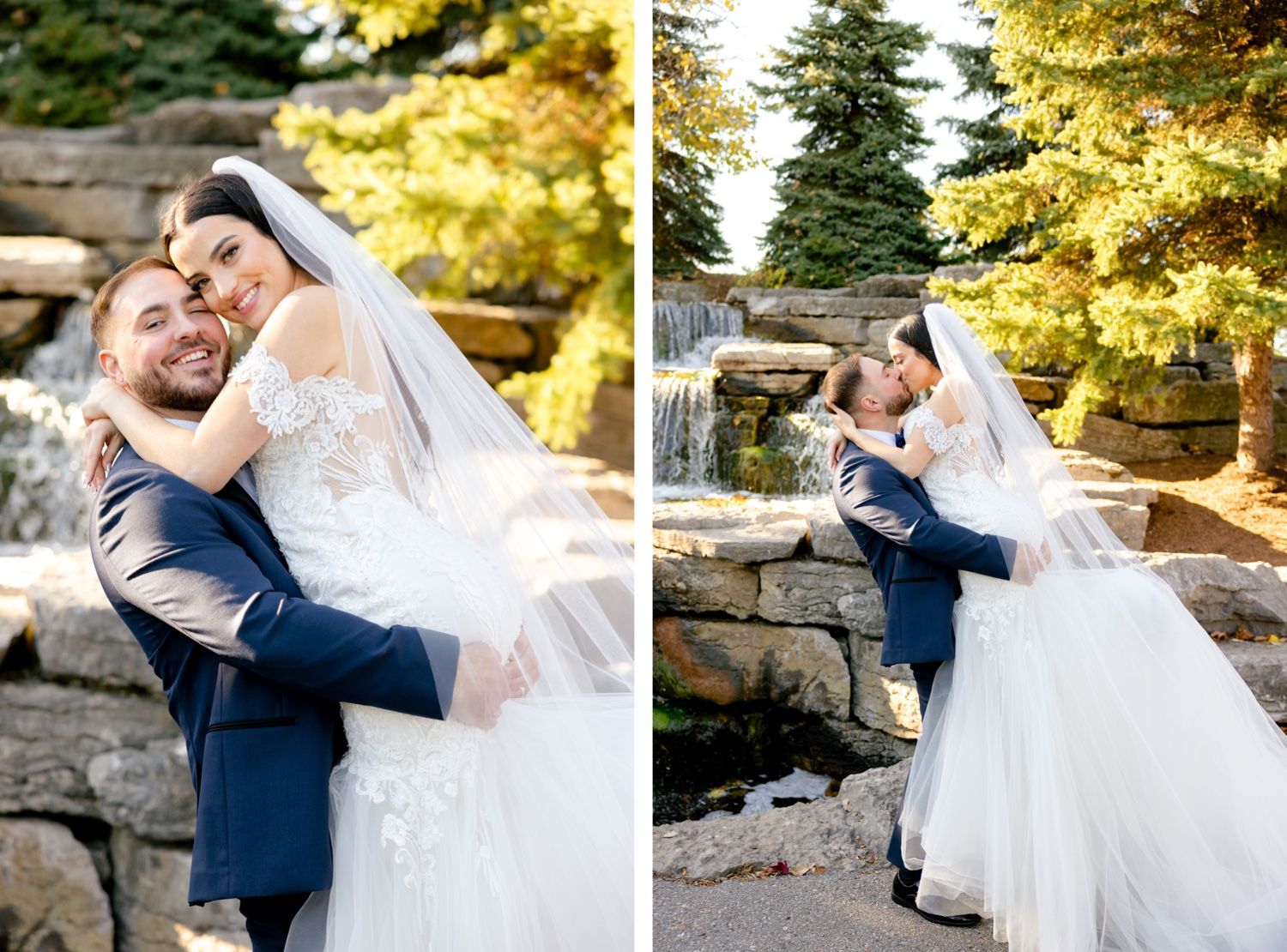 Two wedding photos showing romantic moments against a natural stone waterfall backdrop.