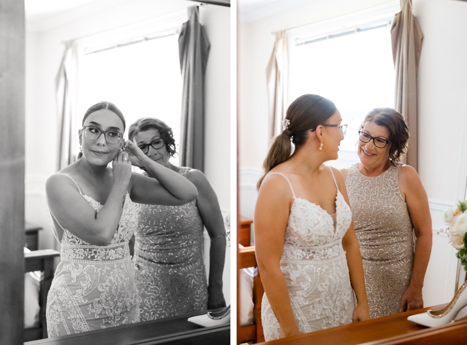 Side by side color and black and white photos of a tender wedding day moment.