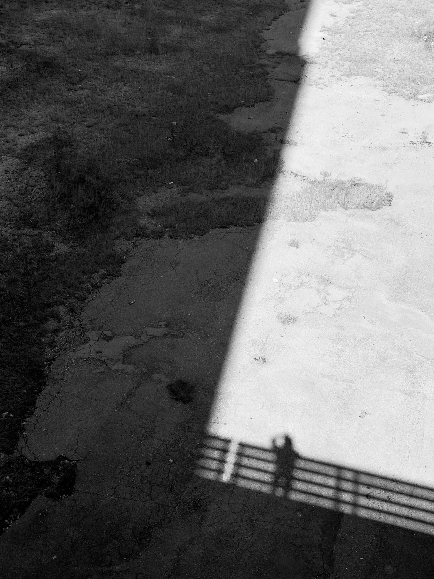 Black and white photo of a person's shadow cast on a concrete surface beside a railing.