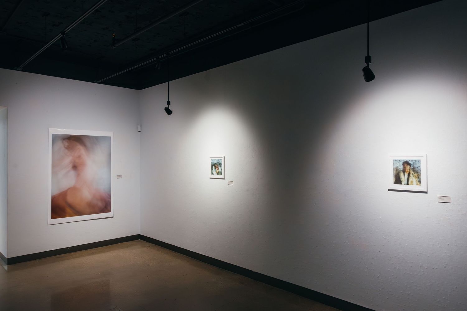 Art gallery interior with white walls displaying large photographs under spotlights on dark ceiling.