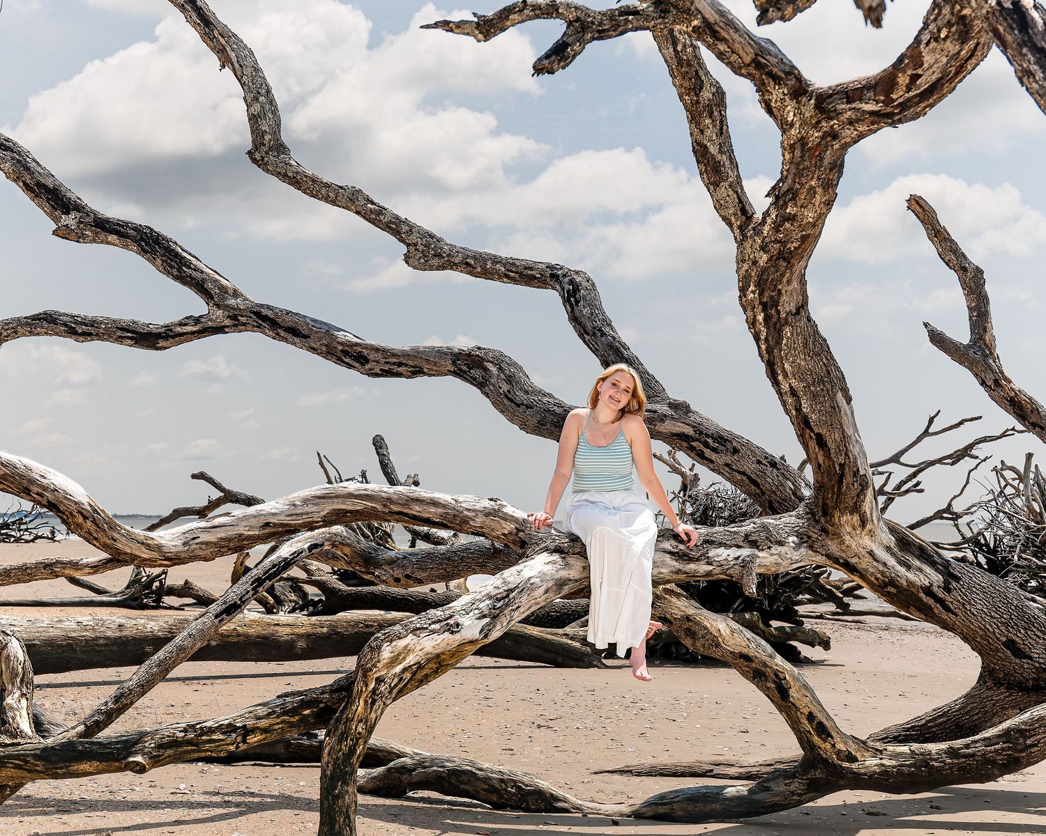 Woman in white pants and teal top stands among weathered driftwood trees on a sandy beach.