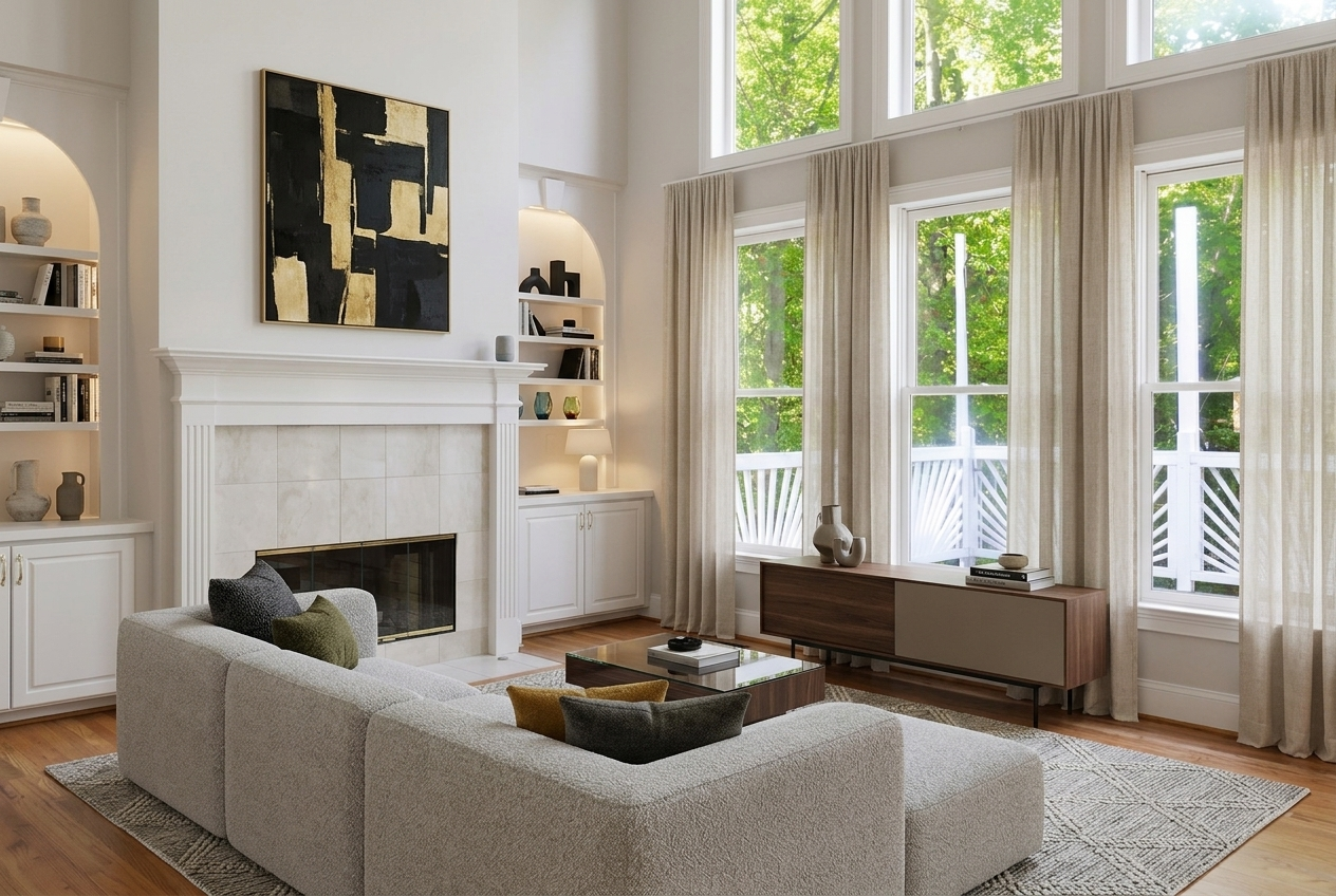 Bright living room with white fireplace, built-in shelves, gray sofa, and tall curtained windows.