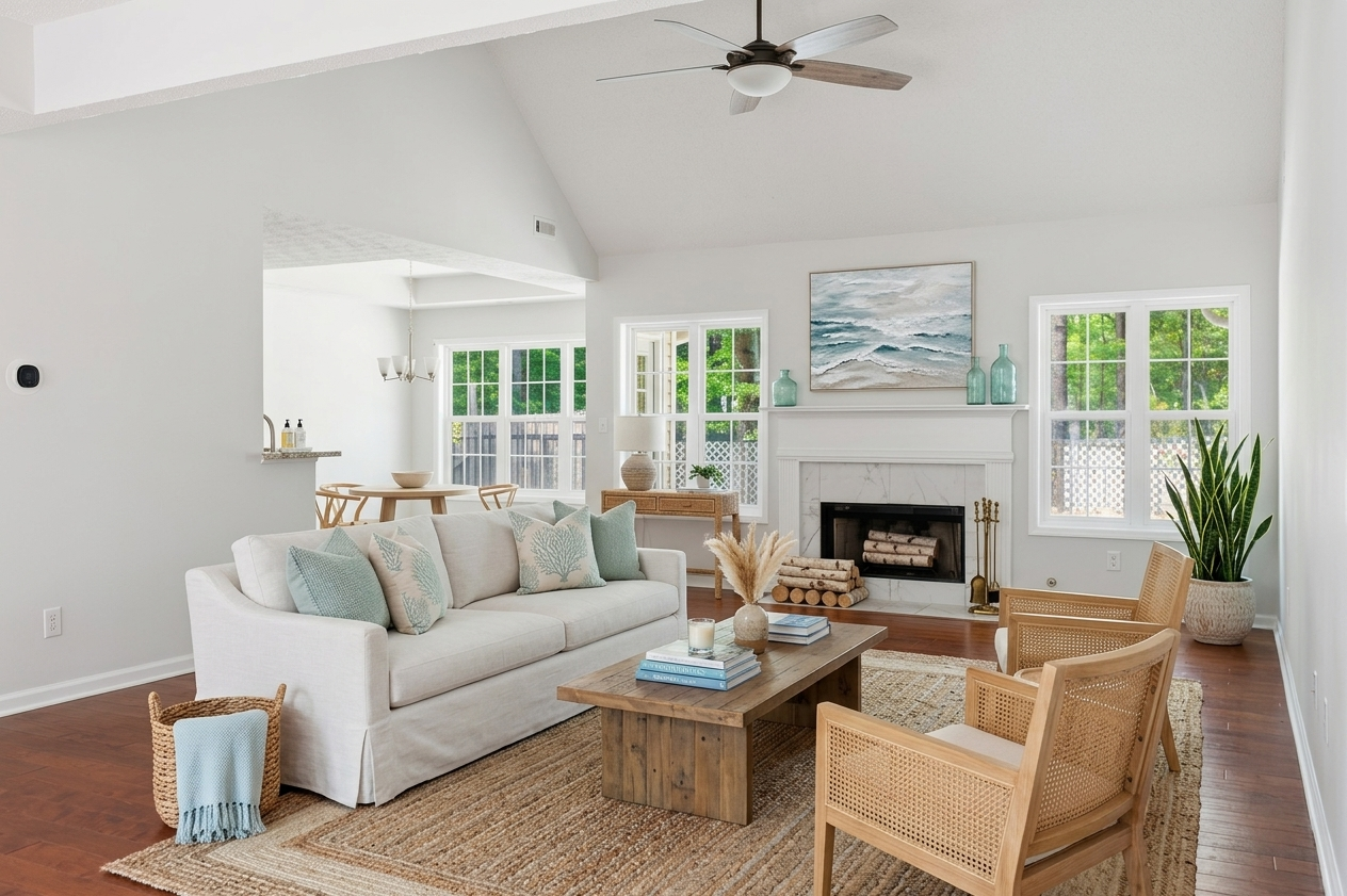 Coastal style living room with white sofa, wood coffee table, fireplace, and beach artwork.