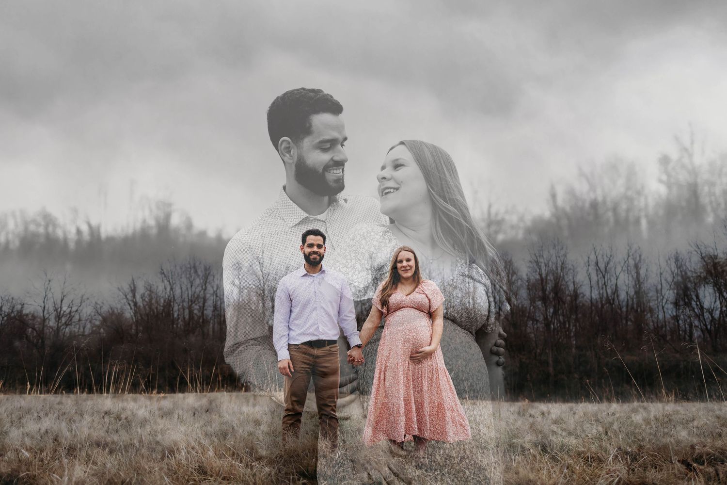 A couple poses in a misty field with their ghostly portraits appearing in the cloudy sky above them.