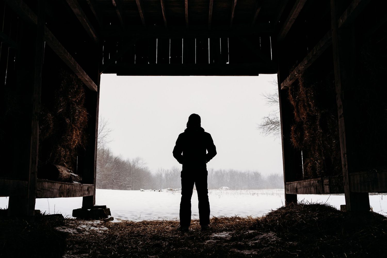 Silhouetted figure stands in dark wooden structure overlooking snowy winter landscape.