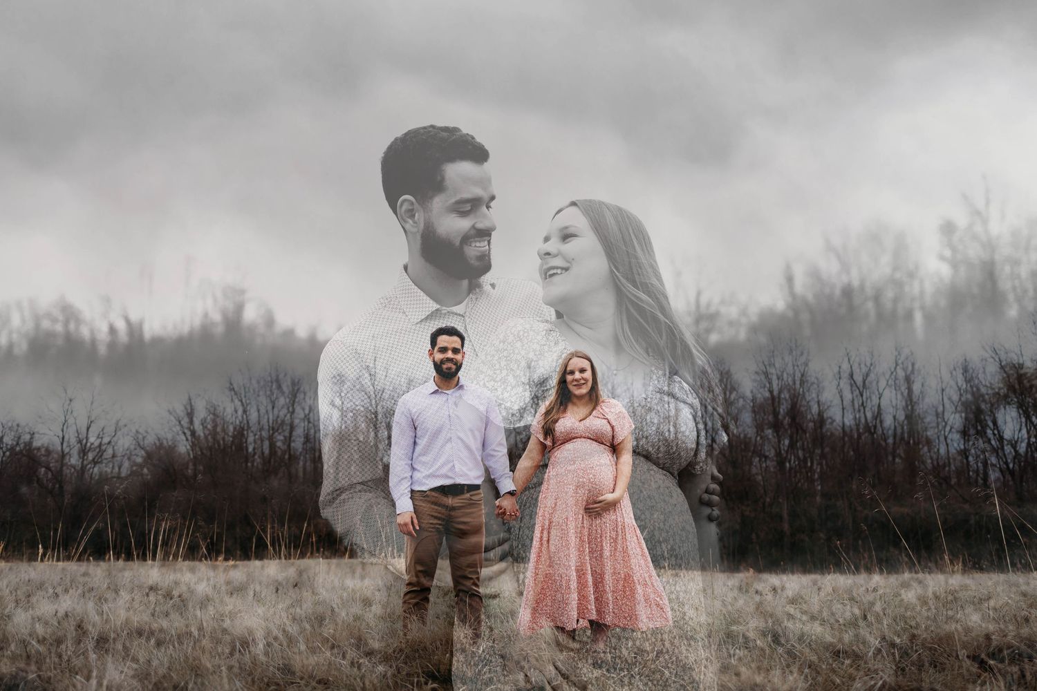 A couple shares a tender moment together in a misty field during an outdoor photoshoot session.
