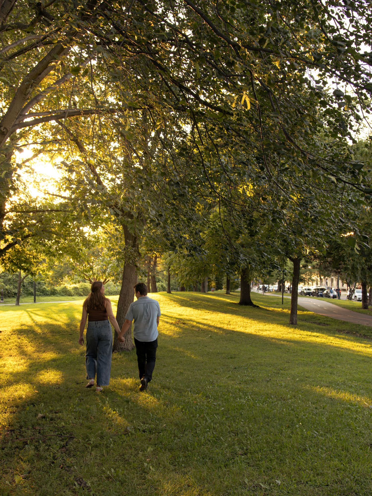 Two people walking through a park with golden sunlight filtering through trees.