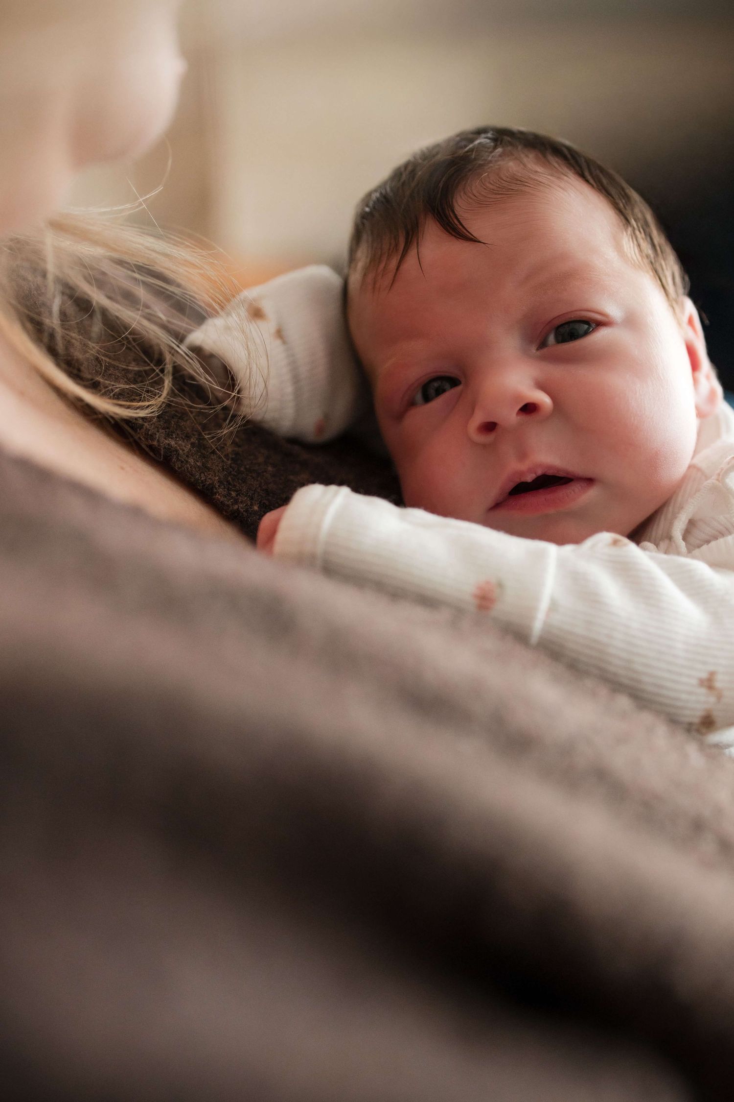 Close-up portrait of a newborn nestled in a parent’s arms during an in-home newborn photography session in Toronto, capturing connection.